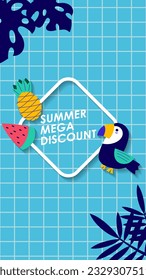 Summer sale social media story.  Vertical template post for reel promotion content.