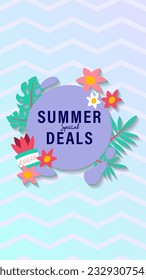 Summer sale social media story.  Vertical template post for reel promotion content.