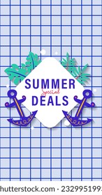 Summer sale social media story.  Vertical template post for reel promotion content.