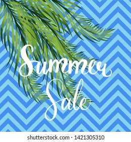 Summer sale social media vector template with palm tree leaves