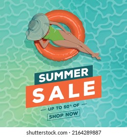 Summer sale, social post, woman sunbathing in a rubber ring on water, swim wear, bathing suit