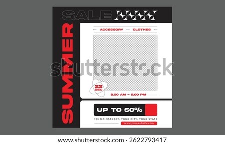 Summer Sale Socials Media. Summer sale podium display, pile of sand, flowers, beach umbrella, beach chair and beach ball, speech bubble space banner design, on yellow background
