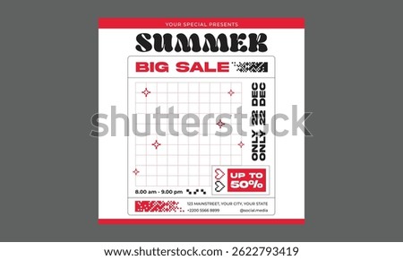Summer Sale Socials Media. Summer sale podium display, pile of sand, flowers, beach umbrella, beach chair and beach ball, speech bubble space banner design, on yellow background