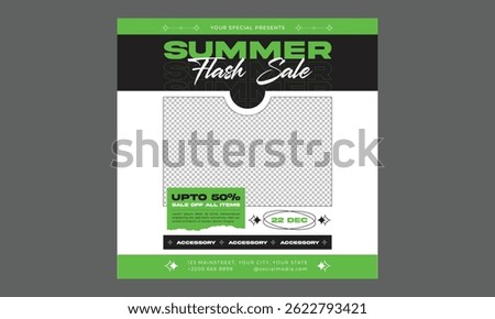 Summer Sale Socials Media. Summer sale podium display, pile of sand, flowers, beach umbrella, beach chair and beach ball, speech bubble space banner design, on yellow background