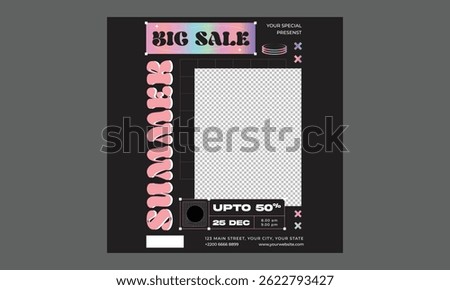 Summer Sale Socials Media. Summer sale podium display, pile of sand, flowers, beach umbrella, beach chair and beach ball, speech bubble space banner design, on yellow background