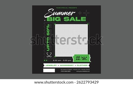 Summer Sale Socials Media. Summer sale podium display, pile of sand, flowers, beach umbrella, beach chair and beach ball, speech bubble space banner design, on yellow background