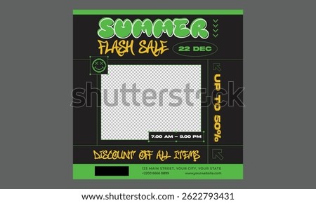 Summer Sale Socials Media. Summer sale podium display, pile of sand, flowers, beach umbrella, beach chair and beach ball, speech bubble space banner design, on yellow background