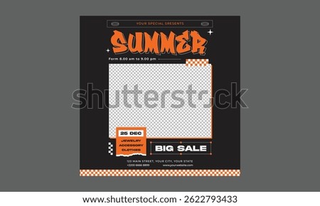 Summer Sale Socials Media. Summer sale podium display, pile of sand, flowers, beach umbrella, beach chair and beach ball, speech bubble space banner design, on yellow background