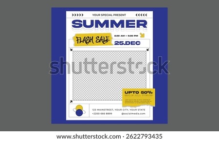 Summer Sale Socials Media. Summer sale podium display, pile of sand, flowers, beach umbrella, beach chair and beach ball, speech bubble space banner design, on yellow background