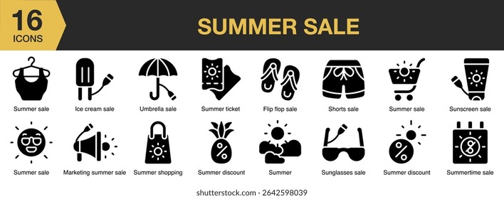 Summer Sale conjunto de ícone sólido. Inclui verão, férias, venda, cartaz, praia, tropical e muito mais. Coleção vetorial de ícones sólidos.