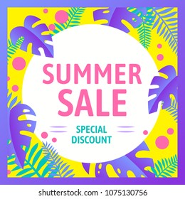 Summer sale and special discount template design for sale concept. Tropical tree and leaves illustration design.