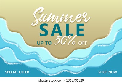 Summer sale special offer up to 50% off banner with sand beach and ocean blue coastal waves, sea foam vector illustration. Shop now summer sale poster. Marine seaside sand, blue water, sea waves foam.