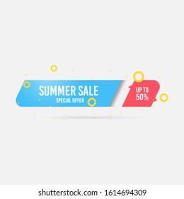 Summer sale, special offer up to 50%. Trendy flat geometric vector banner. Blue, red and yellow colors. Discount design background for your business and seasonal design. Vector illustration.