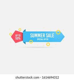 Summer sale, special offer up to 50%. Trendy flat geometric vector banner. Blue, red and yellow colors. Discount design background for your business and seasonal design. Vector illustration.