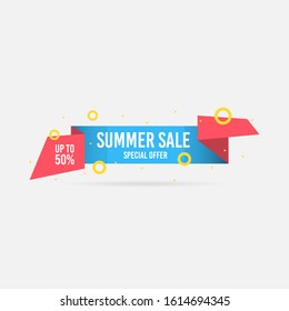 Summer sale, special offer up to 50%. Trendy flat geometric vector banner. Blue, red and yellow colors. Discount design background for your business and seasonal design. Vector illustration.