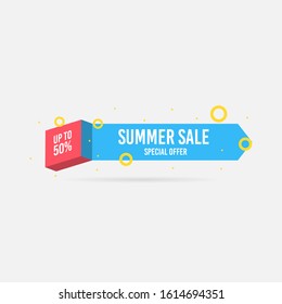 Summer sale, special offer up to 50%. Trendy flat geometric vector banner. Blue, red and yellow colors. Discount design background for your business and seasonal design. Vector illustration.
