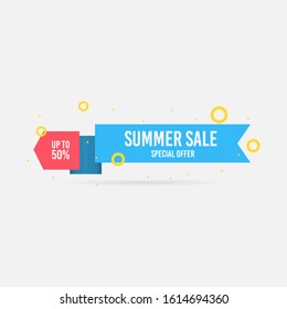 Summer sale, special offer up to 50%. Trendy flat geometric vector banner. Blue, red and yellow colors. Discount design background for your business and seasonal design. Vector illustration.