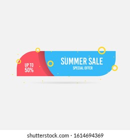 Summer sale, special offer up to 50%. Trendy flat geometric vector banner. Blue, red and yellow colors. Discount design background for your business and seasonal design. Vector illustration.