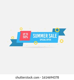 Summer sale, special offer up to 50%. Trendy flat geometric vector banner. Blue, red and yellow colors. Discount design background for your business and seasonal design. Vector illustration.
