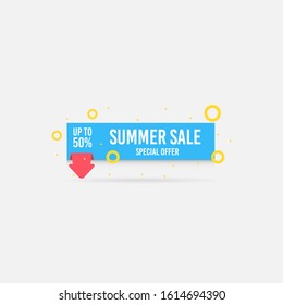 Summer sale, special offer up to 50%. Trendy flat geometric vector banner. Blue, red and yellow colors. Discount design background for your business and seasonal design. Vector illustration.