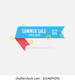 Summer sale, special offer up to 50%. Trendy flat geometric vector banner. Blue, red and yellow colors. Discount design background for your business and seasonal design. Vector illustration.