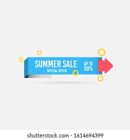 Summer sale, special offer up to 50%. Trendy flat geometric vector banner. Blue, red and yellow colors. Discount design background for your business and seasonal design. Vector illustration.