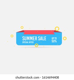 Summer sale, special offer up to 50%. Trendy flat geometric vector banner. Blue, red and yellow colors. Discount design background for your business and seasonal design. Vector illustration.