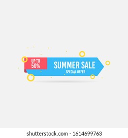 Summer sale, special offer up to 50%. Trendy flat geometric vector banner. Blue, red and yellow colors. Discount design background for your business and seasonal design. Vector illustration.