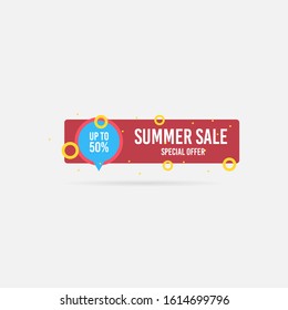 Summer sale, special offer up to 50%. Trendy flat geometric vector banner. Blue, red and yellow colors. Discount design background for your business and seasonal design. Vector illustration.