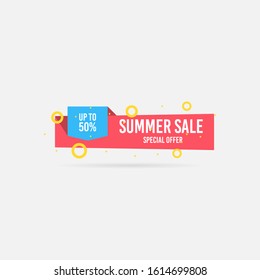 Summer sale, special offer up to 50%. Trendy flat geometric vector banner. Blue, red and yellow colors. Discount design background for your business and seasonal design. Vector illustration.