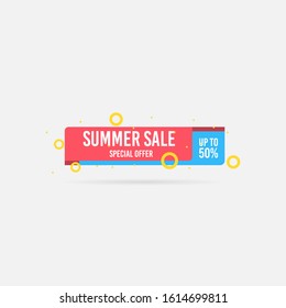 Summer sale, special offer up to 50%. Trendy flat geometric vector banner. Blue, red and yellow colors. Discount design background for your business and seasonal design. Vector illustration.