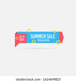 Summer sale, special offer up to 50%. Trendy flat geometric vector banner. Blue, red and yellow colors. Discount design background for your business and seasonal design. Vector illustration.