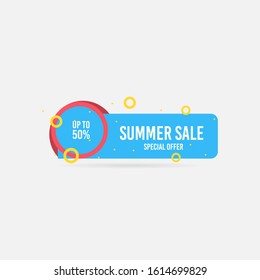 Summer sale, special offer up to 50%. Trendy flat geometric vector banner. Blue, red and yellow colors. Discount design background for your business and seasonal design. Vector illustration.