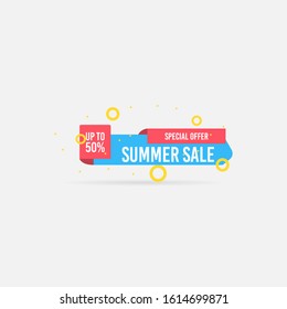 Summer sale, special offer up to 50%. Trendy flat geometric vector banner. Blue, red and yellow colors. Discount design background for your business and seasonal design. Vector illustration.