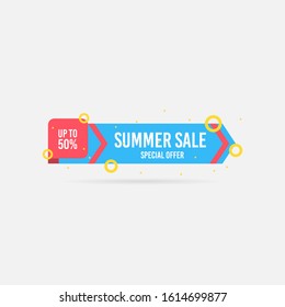 Summer sale, special offer up to 50%. Trendy flat geometric vector banner. Blue, red and yellow colors. Discount design background for your business and seasonal design. Vector illustration.