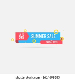 Summer sale, special offer up to 50%. Trendy flat geometric vector banner. Blue, red and yellow colors. Discount design background for your business and seasonal design. Vector illustration.