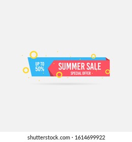 Summer sale, special offer up to 50%. Trendy flat geometric vector banner. Blue, red and yellow colors. Discount design background for your business and seasonal design. Vector illustration.