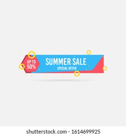 Summer sale, special offer up to 50%. Trendy flat geometric vector banner. Blue, red and yellow colors. Discount design background for your business and seasonal design. Vector illustration.