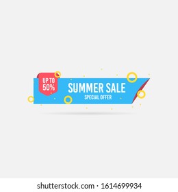 Summer sale, special offer up to 50%. Trendy flat geometric vector banner. Blue, red and yellow colors. Discount design background for your business and seasonal design. Vector illustration.