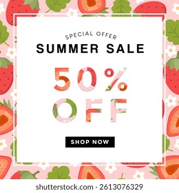 Summer sale special offer with 50% discount with strawberry background. Vector illustration summer sale offer for social media and shopping event promotions.