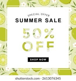 Summer sale special offer with 50% discount with lime background. Vector illustration summer sale offer for social media and shopping event promotions.