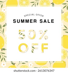 Summer sale special offer with 50% discount with lemon background. Vector illustration summer sale offer for social media and shopping event promotions.