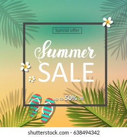 Summer Sale. Special offer. Up to 50% off. Summer background with beach and palm leaves. Lettering 