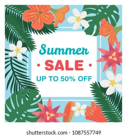 Summer sale - special offer banner template with tropical flowers and leaves, vector illustration