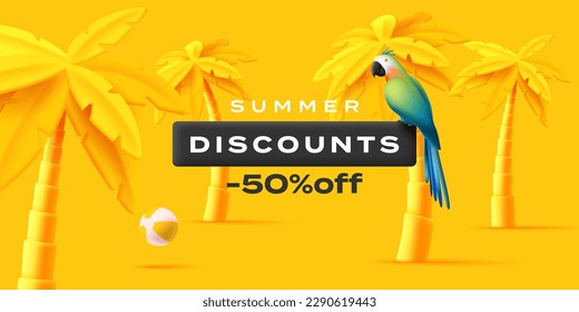 Venta de verano, oferta especial diseño de banner con hojas de palmera y loro. Ilustración 3d monocroma. Plantilla de banner promocional de venta