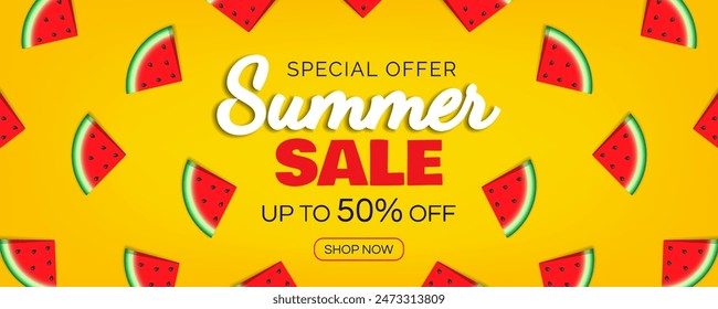 summer sale special offer banner design with watermelon slices on yellow background vector illustration