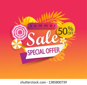 Summer Sale, Special Offer Banner,hot Season Discount Poster With Tropical Leaves,sun Umbrellas.Invitation For Shopping With 50 Percent Off. Template For Design,label,advertising Badge,flyer. Vector