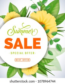 Summer sale Special offer Best offer lettering. Modern inscription with floral composition. Handwritten text, calligraphy. Can be used for greeting cards, posters and leaflets