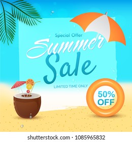 Summer sale, special offer with coconut, umbrella on beach background, 50% Off Offers.