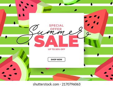 Summer sale special offer horizontal banner with watermelon slices. Vector template for sales, promo, ads. Bright seasonal vector illustration with text blocks.